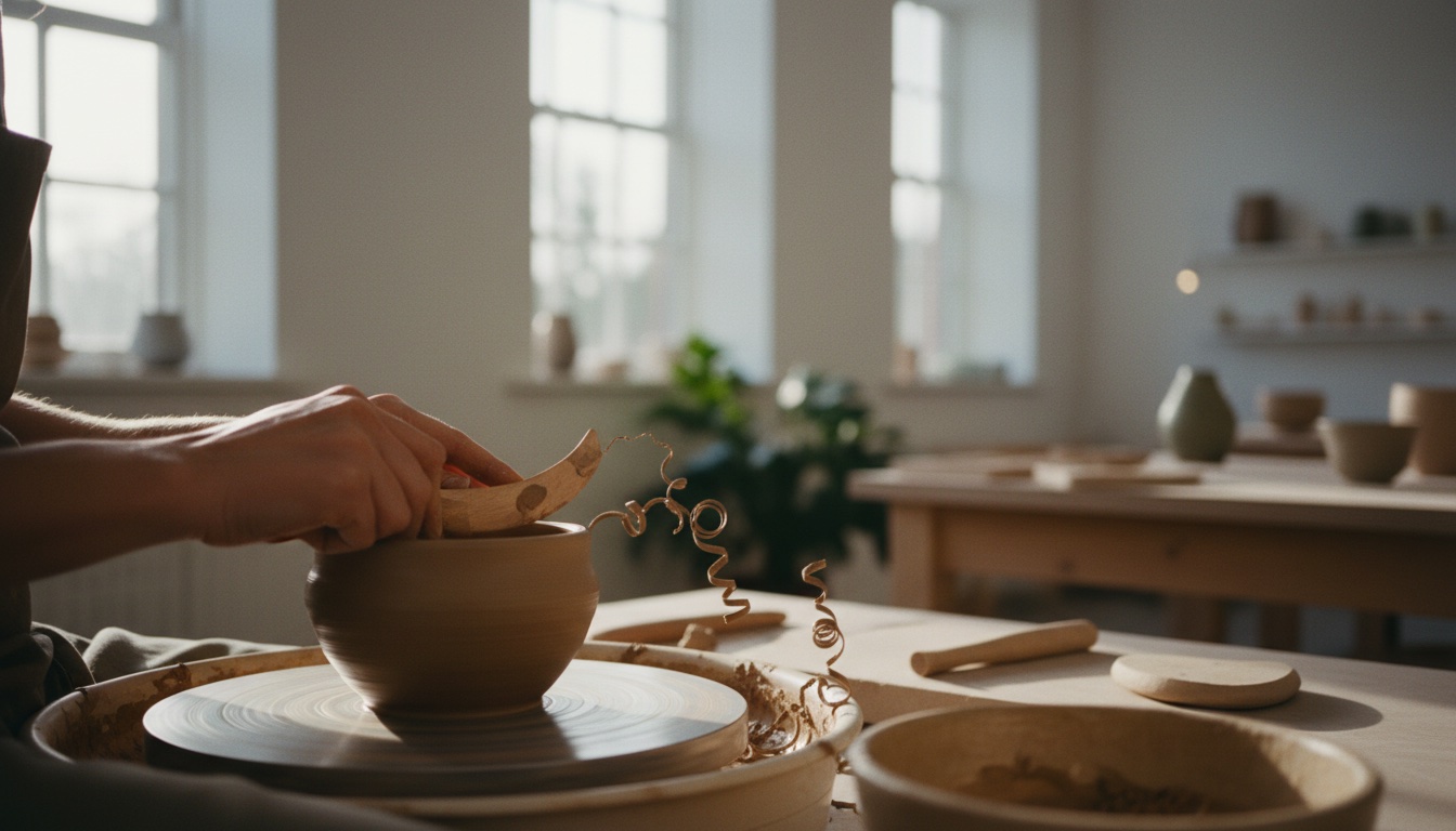 A wheel-throwing session at the white-walled Ceramic Studio CIRCOLO Todoroki