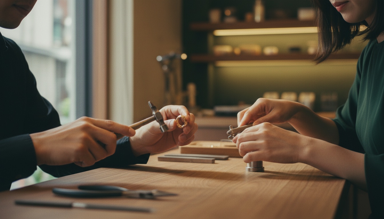 A couple shaping a metal band at the AIGIS Omotesando ring-making workshop