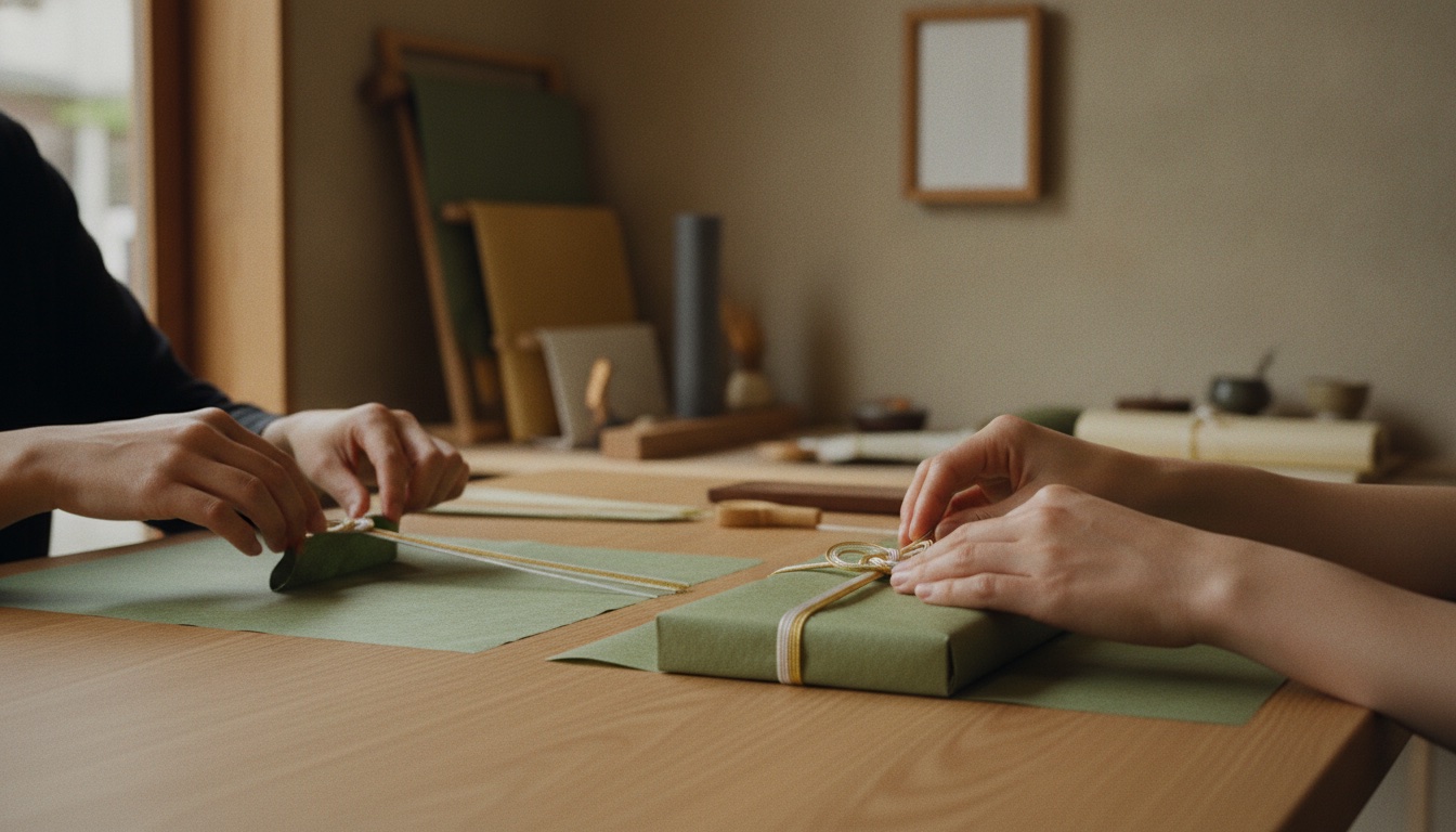 Delicate mizuhiki cords and handmade washi arranged for a Tokyo craft lesson