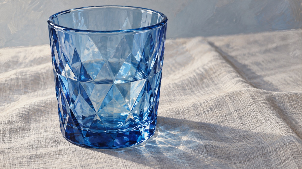 Illustrative blue cut-glass tumbler on linen