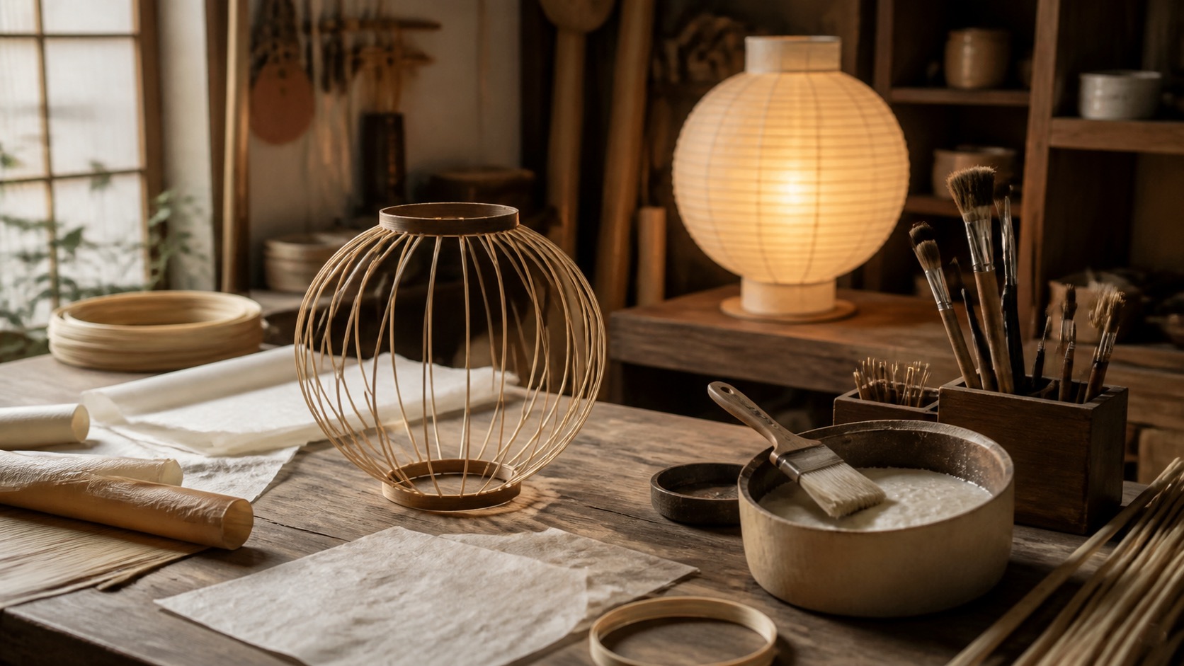 Traditional paper lantern materials and tools laid out on a Tokyo craft workbench
