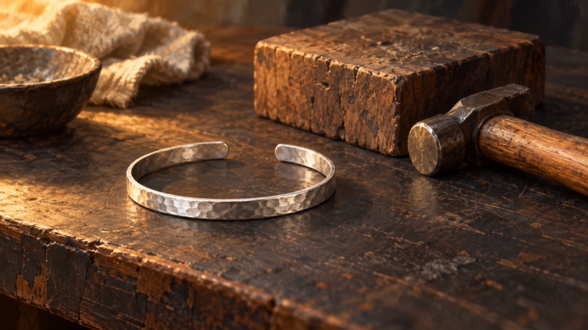 Illustrative silver bangle and small hammer on a workbench