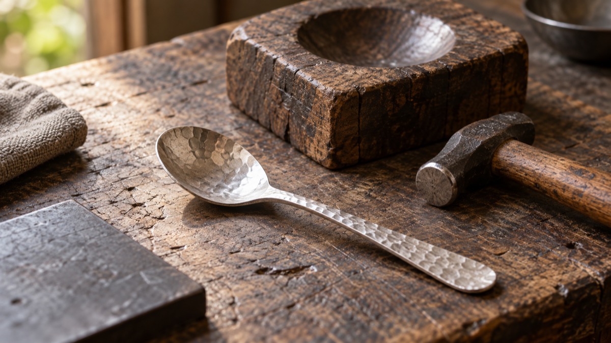 Illustrative silver spoon and hand tools on a workbench