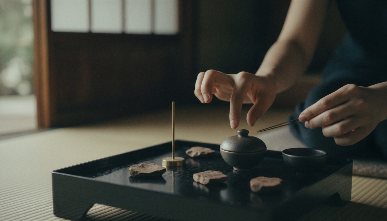 Incense tools and aromatic woods arranged for a quiet scent-comparison session in Tokyo