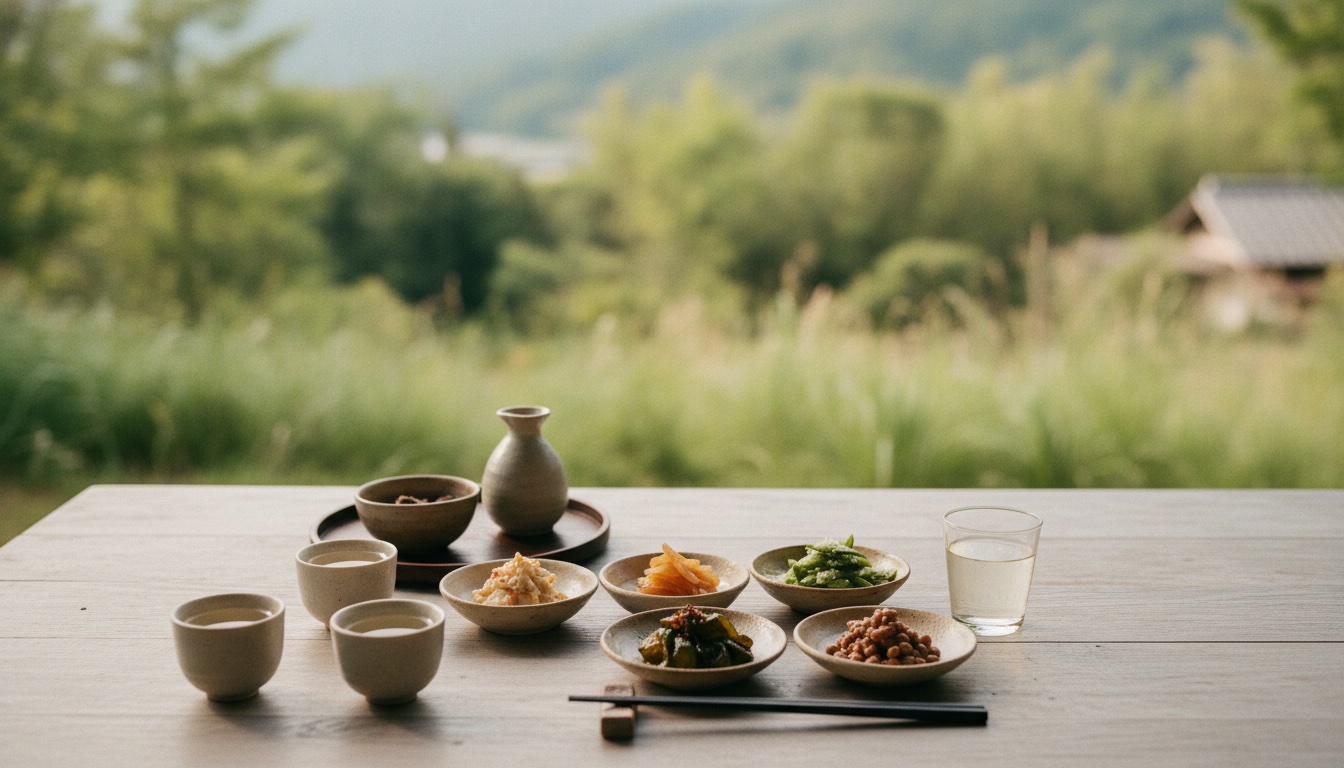 Sake glasses and fermented dishes prepared on a calm brewery terrace
