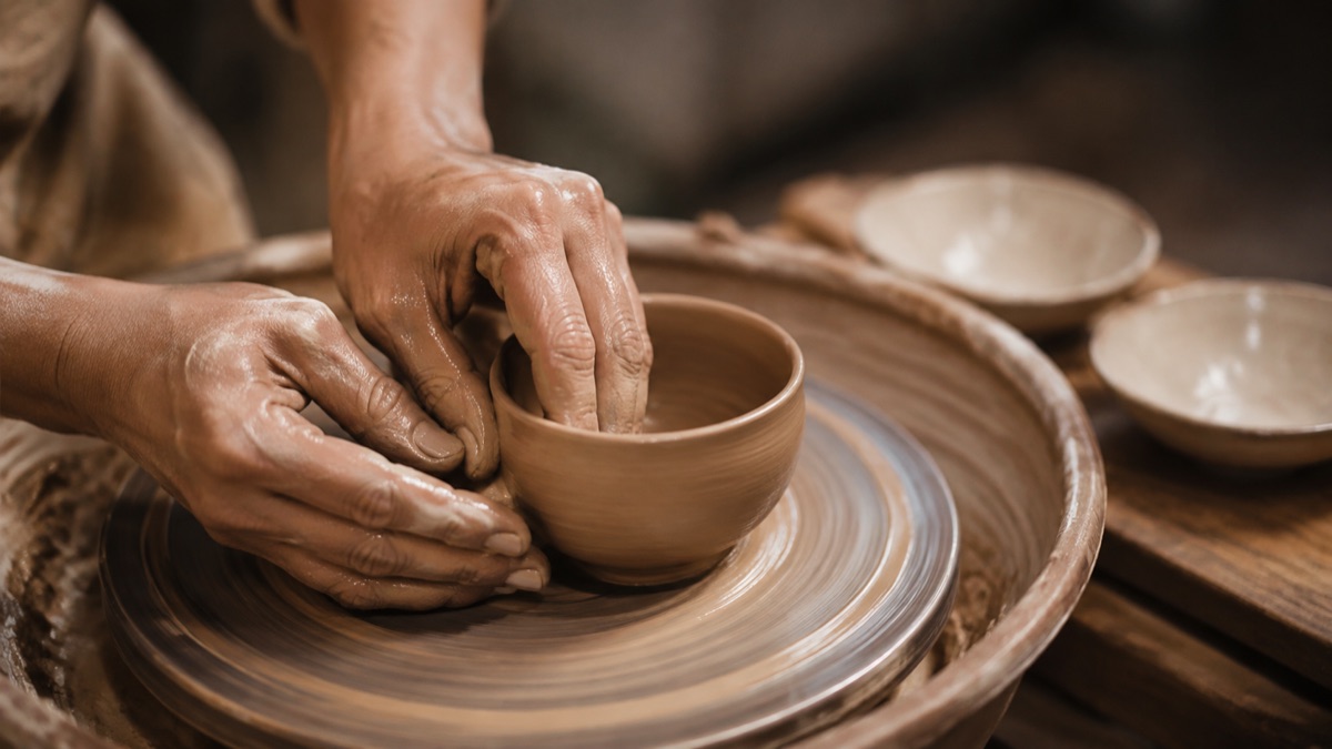 Hands shaping a clay bowl; an illustrative pottery scene
