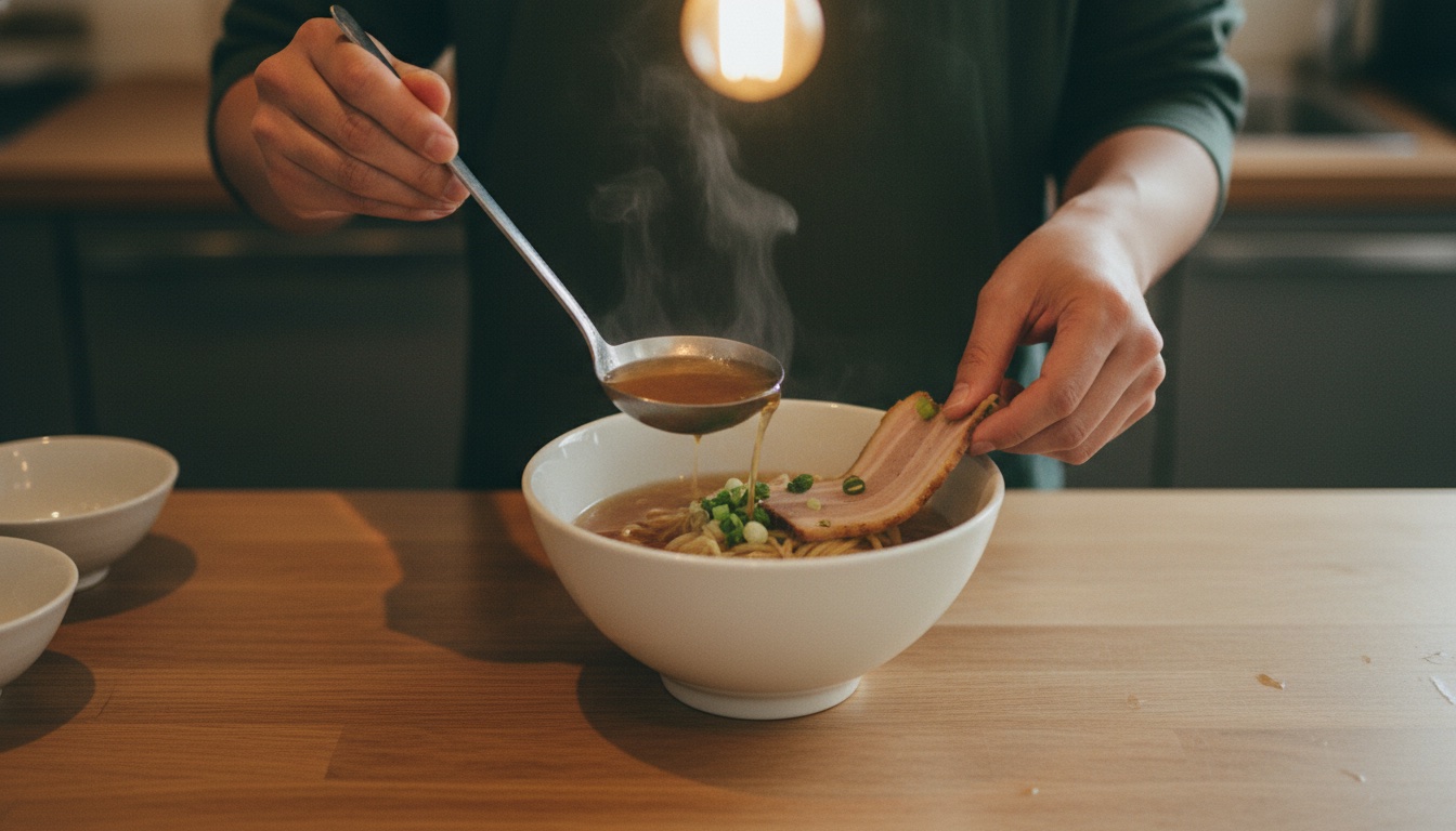 Hands assembling a ramen bowl with broth and toppings at a Tokyo Tsukishima cooking class