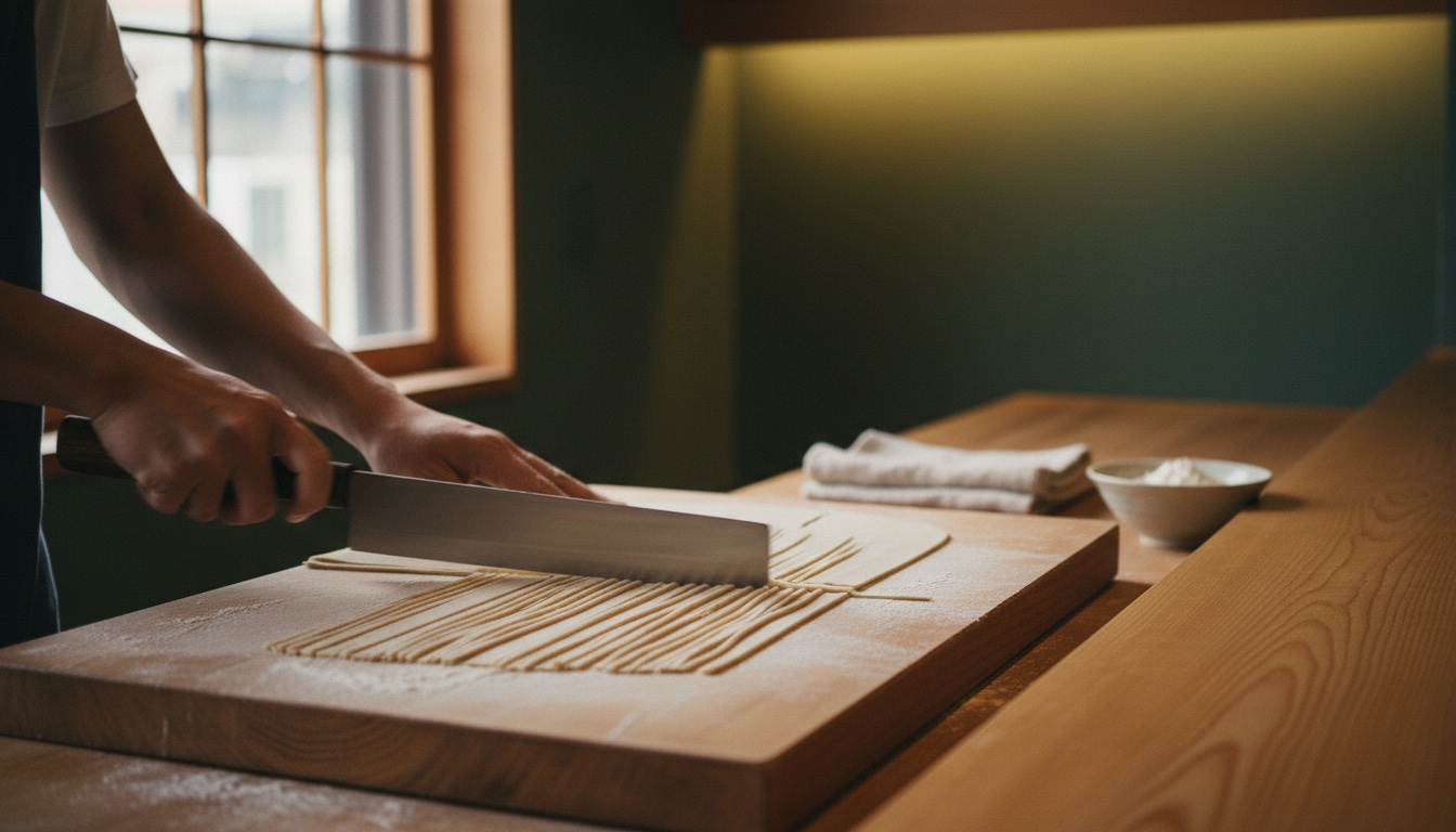Hands cutting fresh noodles with a soba knife at a Tokyo Asakusa noodle class