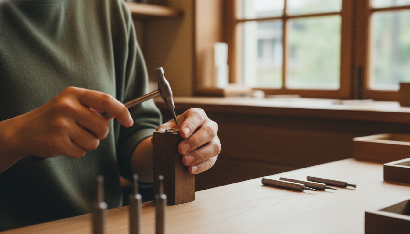 Hands hammering a silver ring at the a.w.s Kuramae workshop in Tokyo