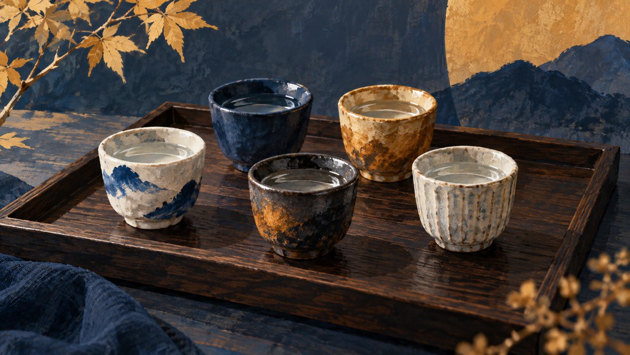 Illustrative ceramic sake cups on a dark wooden tray