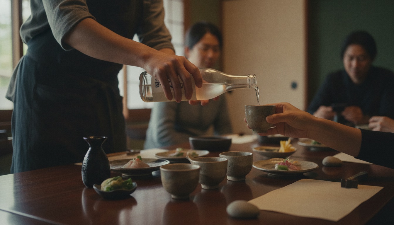 Refined sake glasses and seasonal small plates arranged in a private Nihonbashi dining room