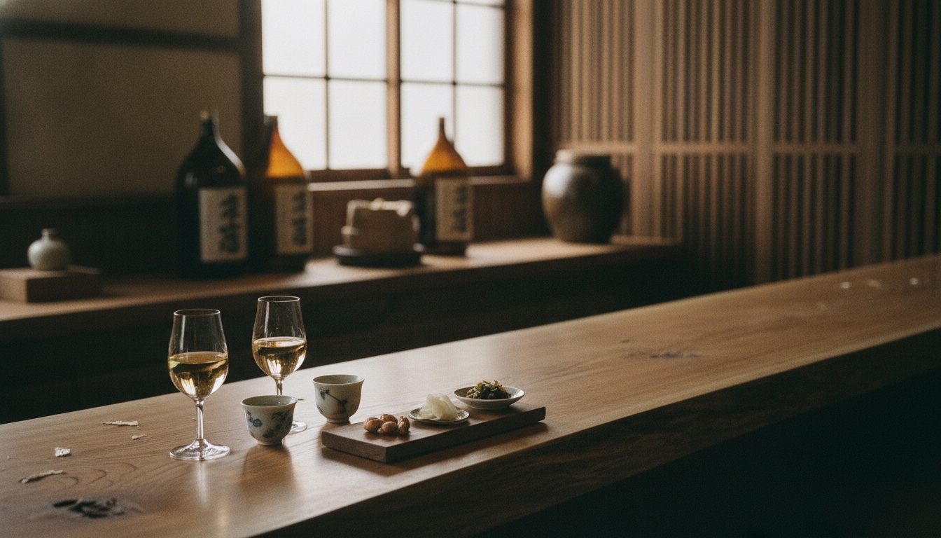 Sake tasting setup beside cedar brewery textures in a verdant Okutama setting