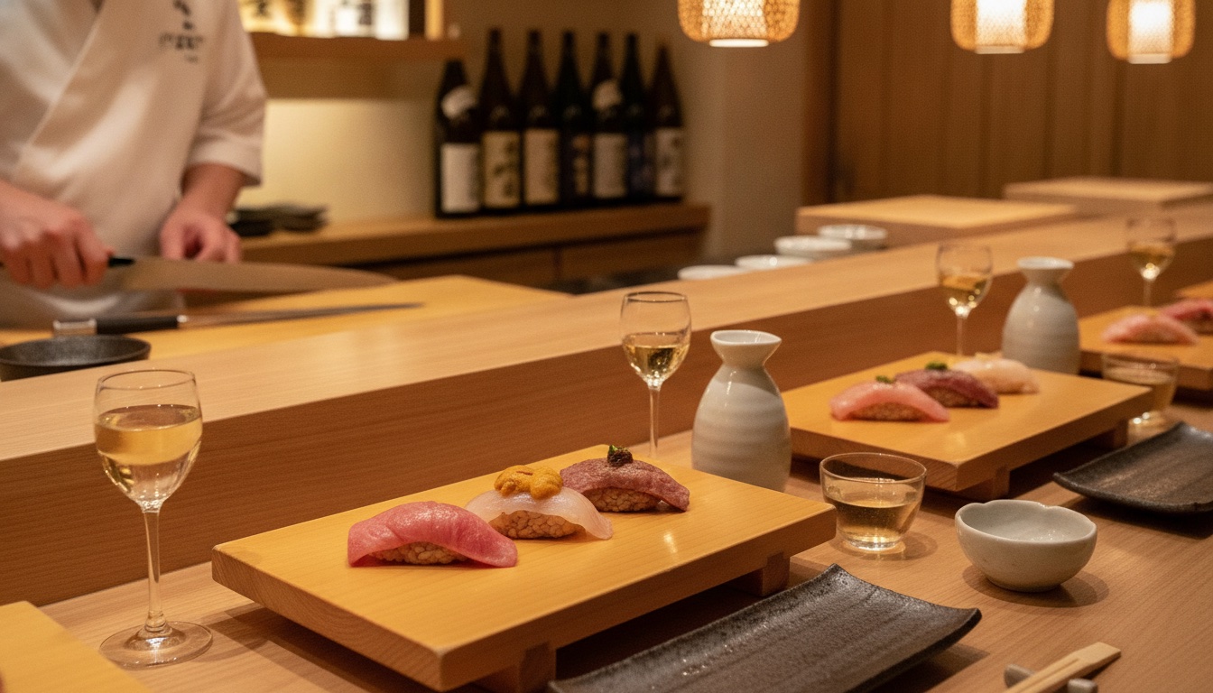 Intimate counter setting with sushi pieces and sake glasses prepared for a pairing session