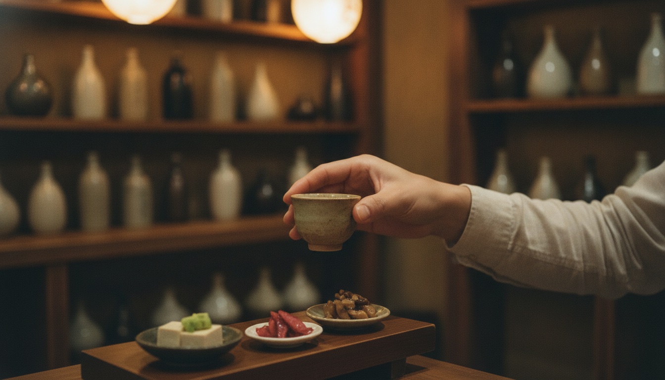 Refined sake cups and paired small dishes arranged for a historic Tokyo tasting session