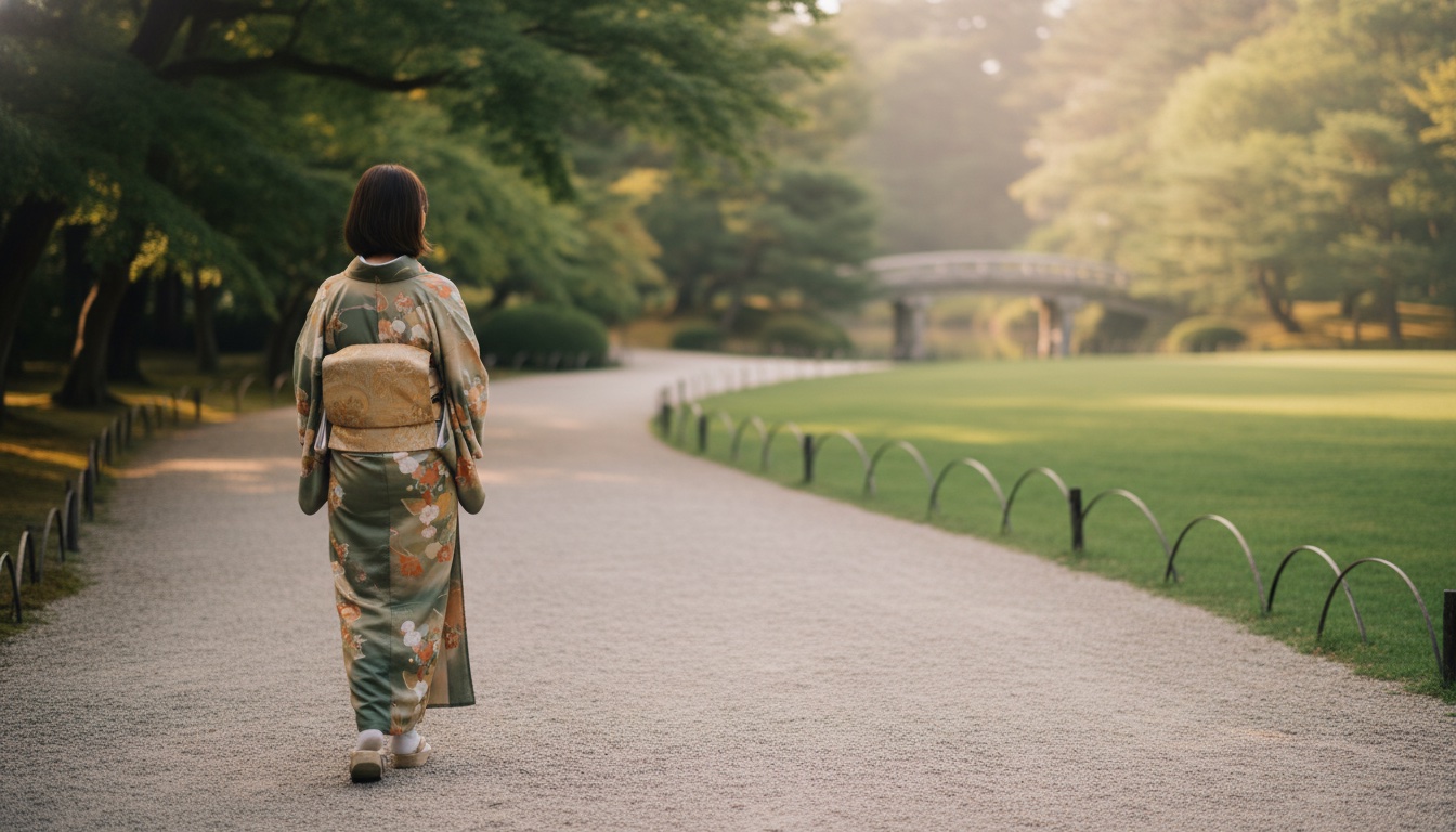 Couple in rented kimono strolling through Shinjuku Gyoen garden paths