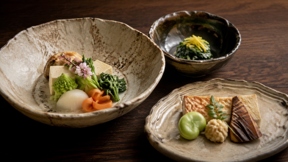 Illustrative arrangement of Japanese plant-based dishes