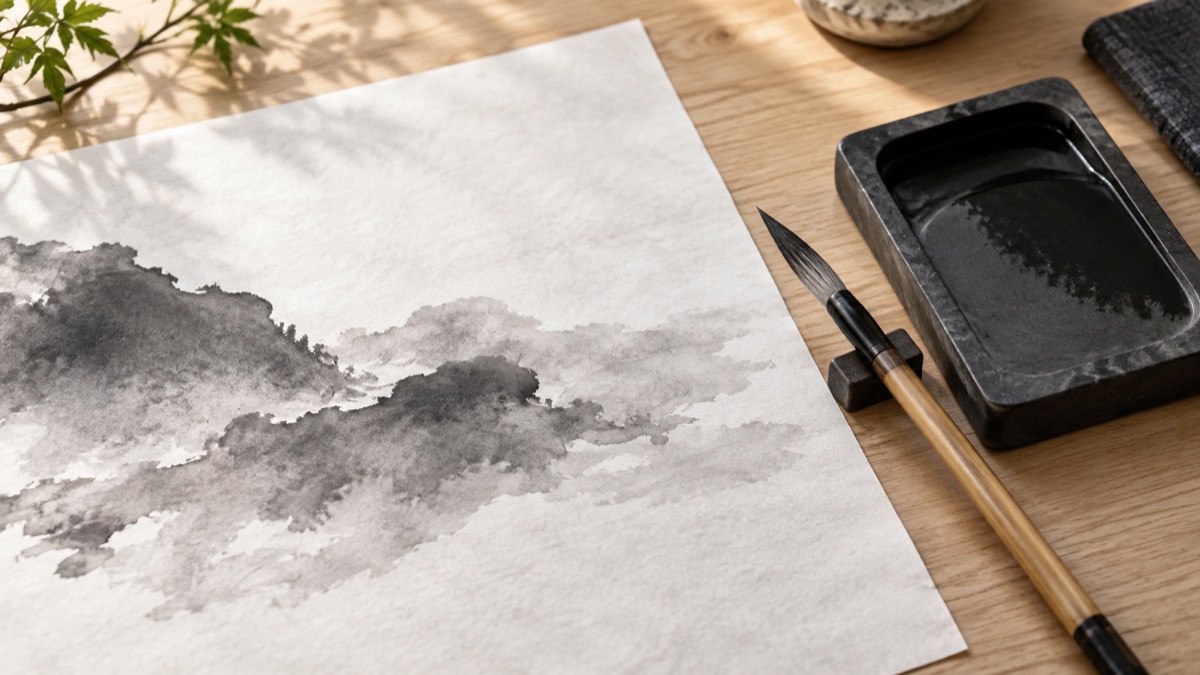 Illustrative ink brush, inkstone and abstract wash on paper