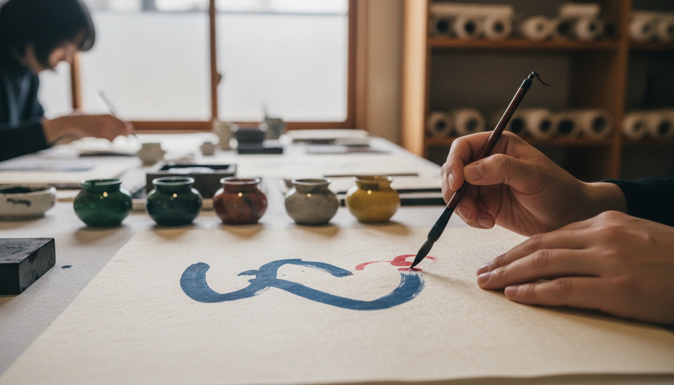 Colored ink, brushes, and paper arranged for a quiet art workshop in Tokyo
