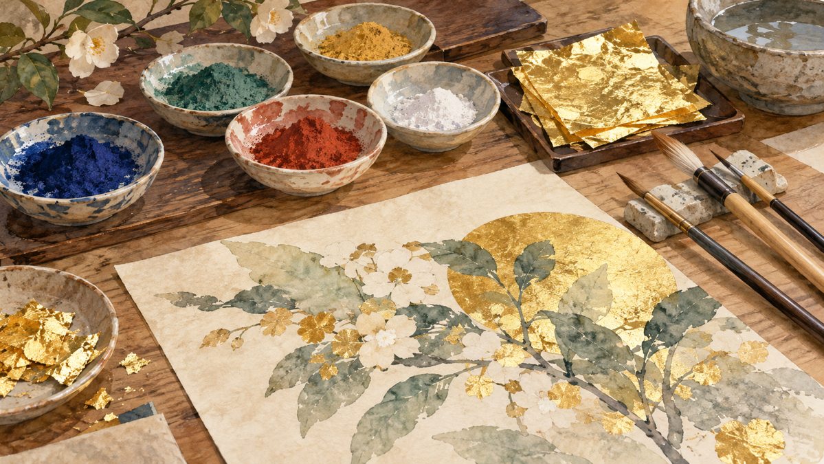 Illustration of pigment dishes, brushes and gold leaf on an art table