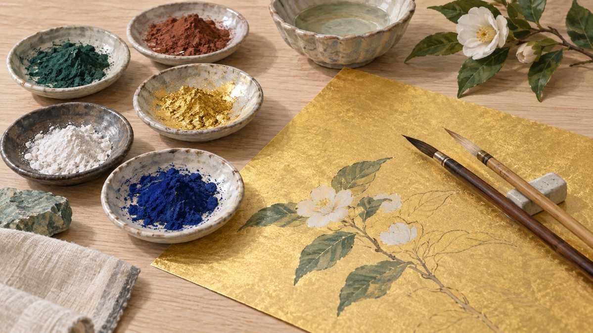 Illustration of pigments, brushes and botanical painting on gold-colored paper