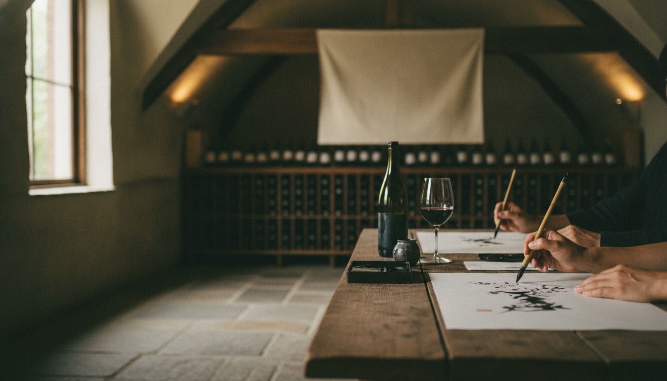 Ink brushes, layered black wash strokes, and a quiet Tokyo studio table set for a sumi-e session