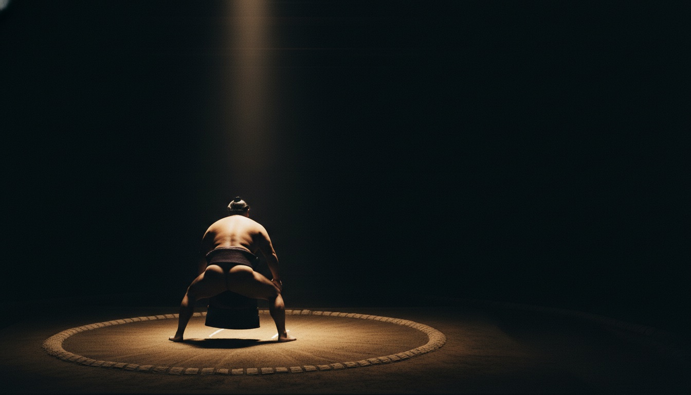 A wrestler's silhouette on a traditional sumo training ring in Ryogoku, Tokyo