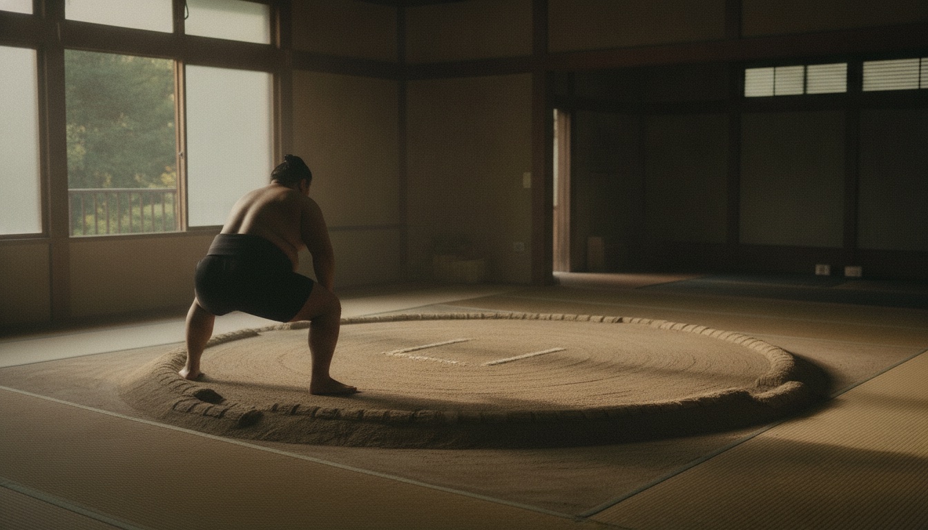 Quiet sumo training ring scene in Ryogoku with the dohyo prepared for morning practice