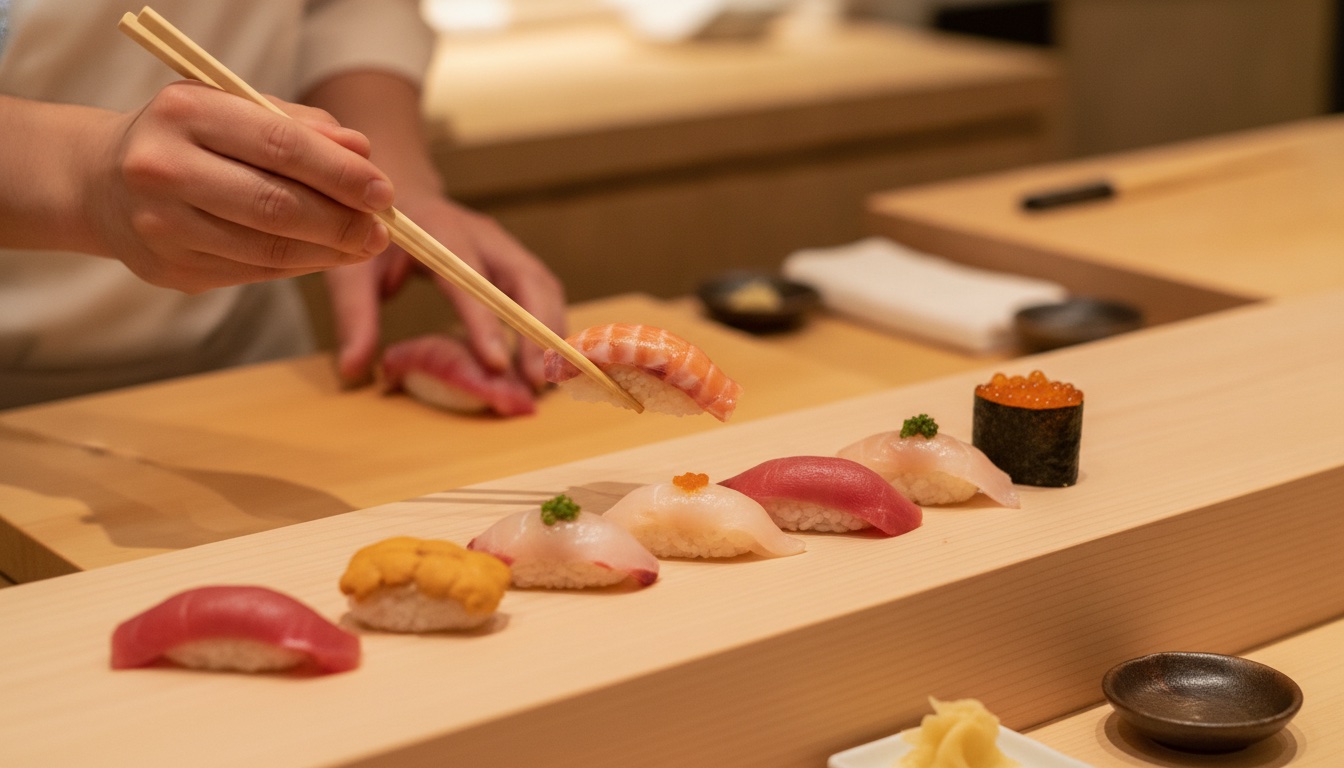 Nigiri sushi ingredients and a polished counter set for a private hands-on lesson in Tokyo