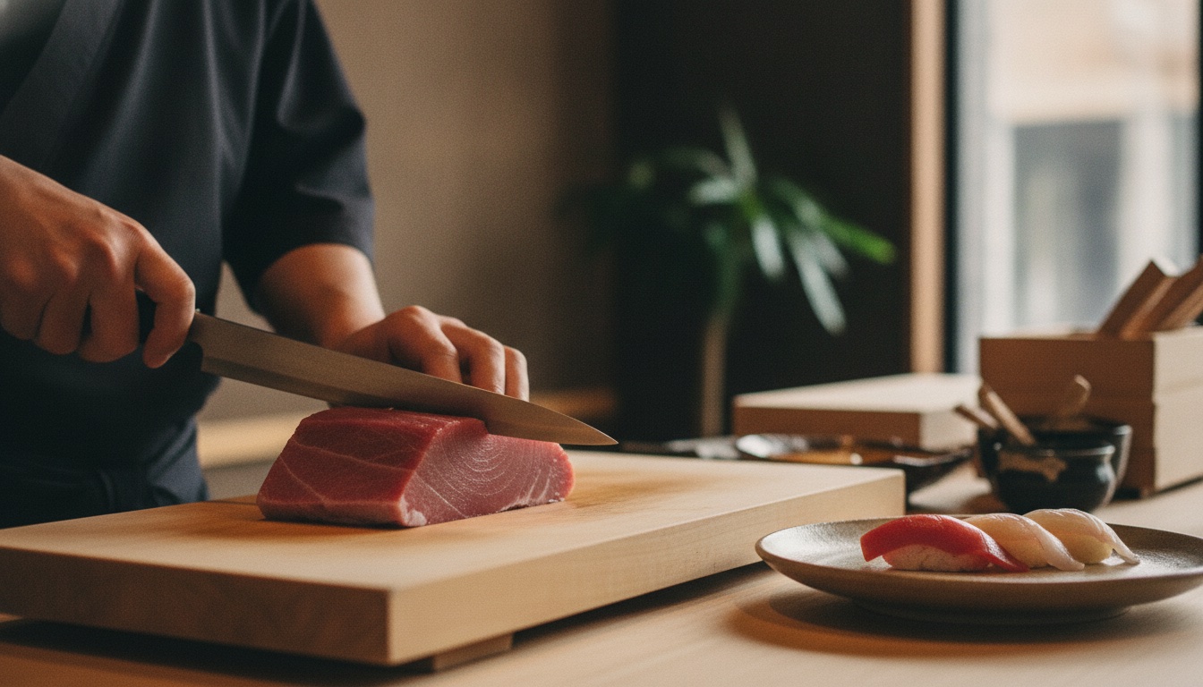 A refined sushi counter setting with fresh seafood prepared for an Edomae sushi experience in Tokyo