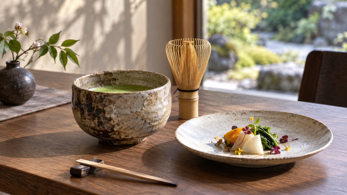 Illustrative matcha utensils and a small seasonal dish