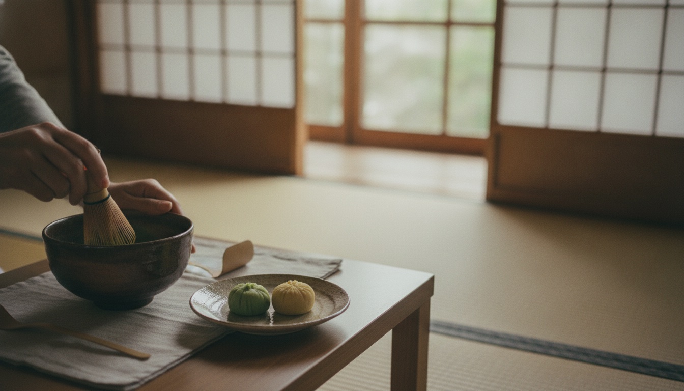 Calm tea room setting with matcha, seasonal sweets, and a kaiseki-style place setting in Ebisu