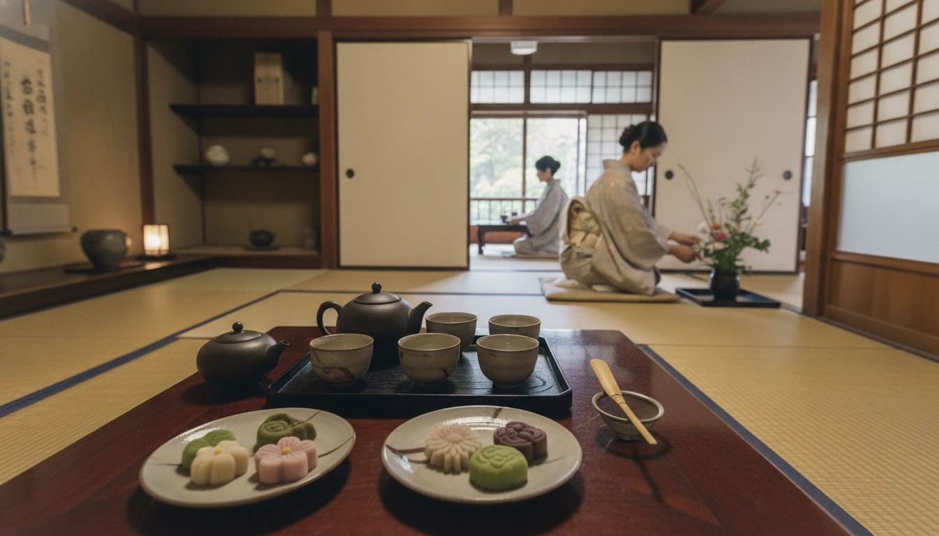 Sencha tea utensils and handmade wagashi in a quiet Tokyo salon