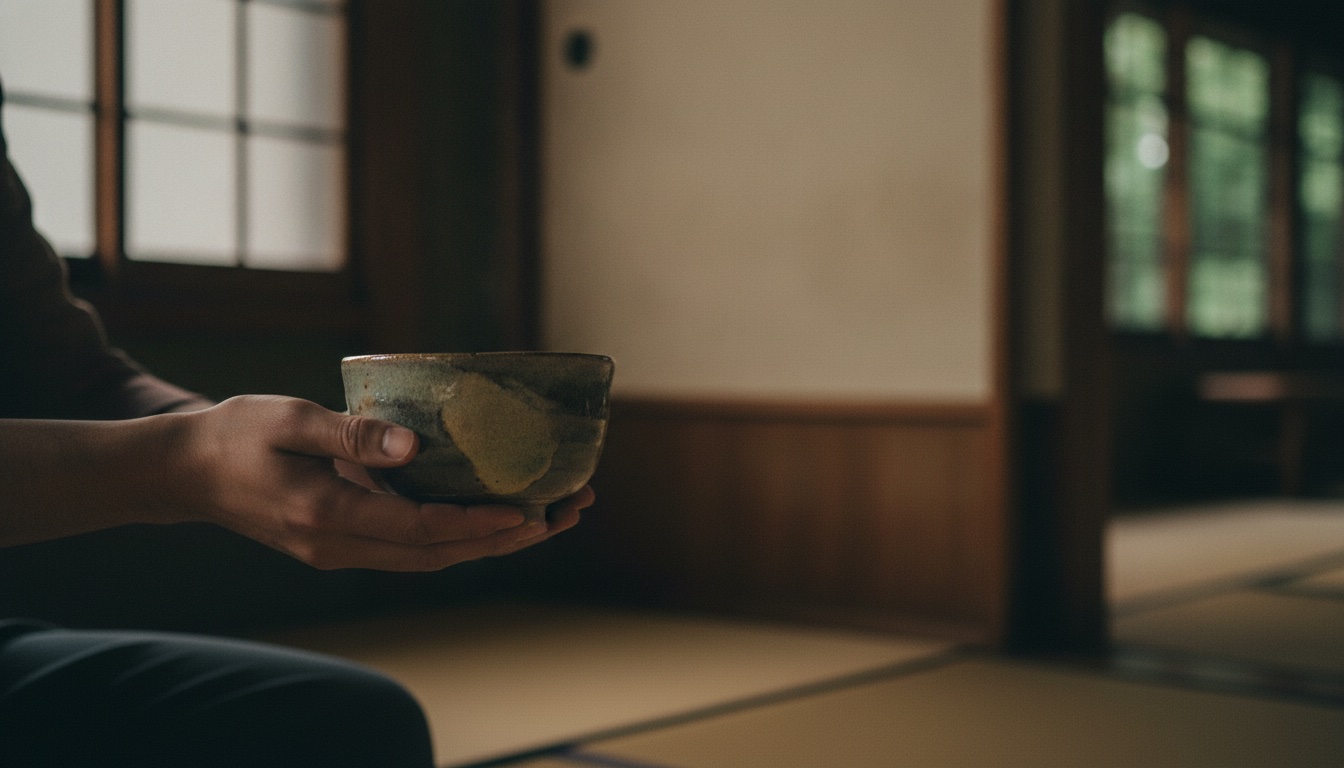 Hands receiving a ceramic tea bowl in a quiet Tokyo tea setting