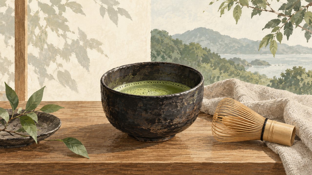 Illustrative matcha bowl and bamboo whisk on a wooden surface