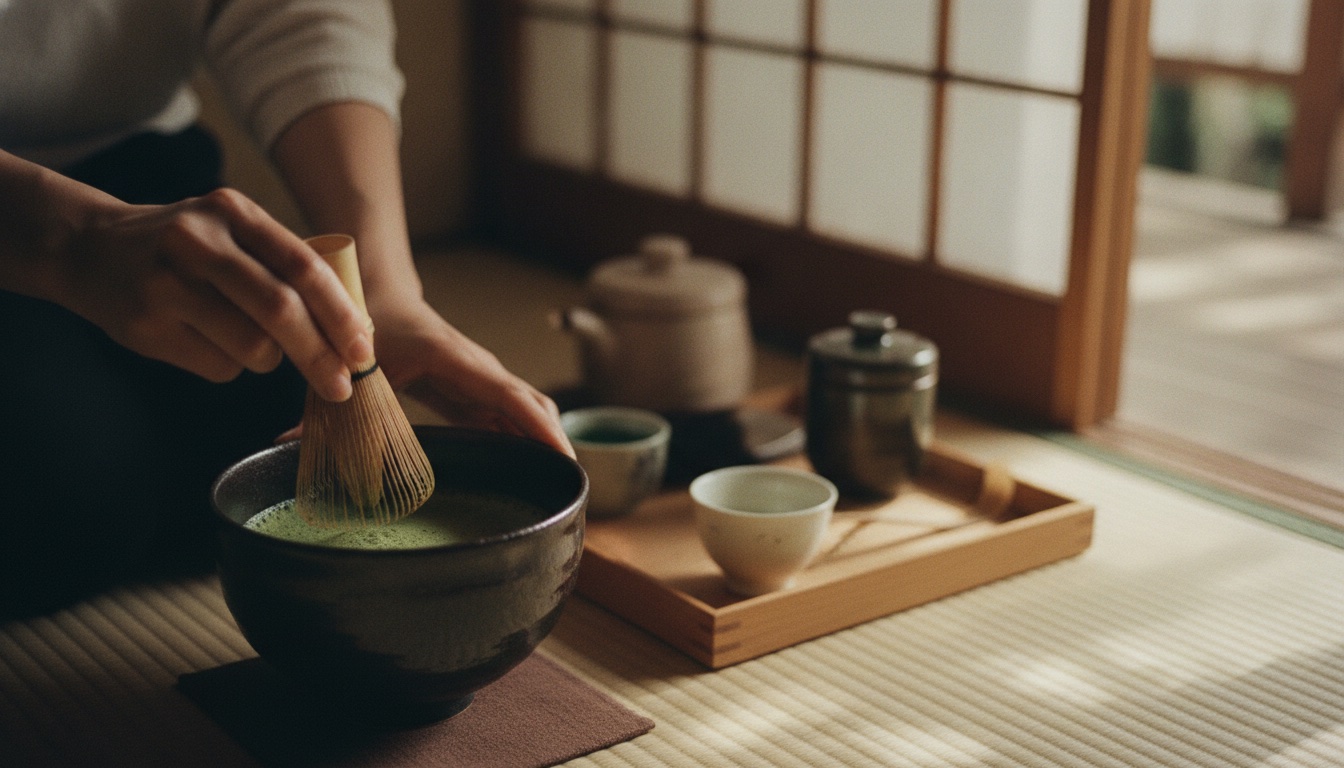 Tea utensils arranged inside a calm temple room with soft light and restrained decor