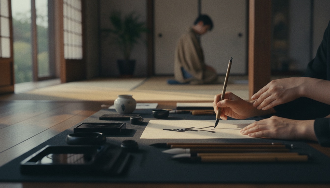 Calligraphy tools and ink placed inside a calm temple interior in Tokyo