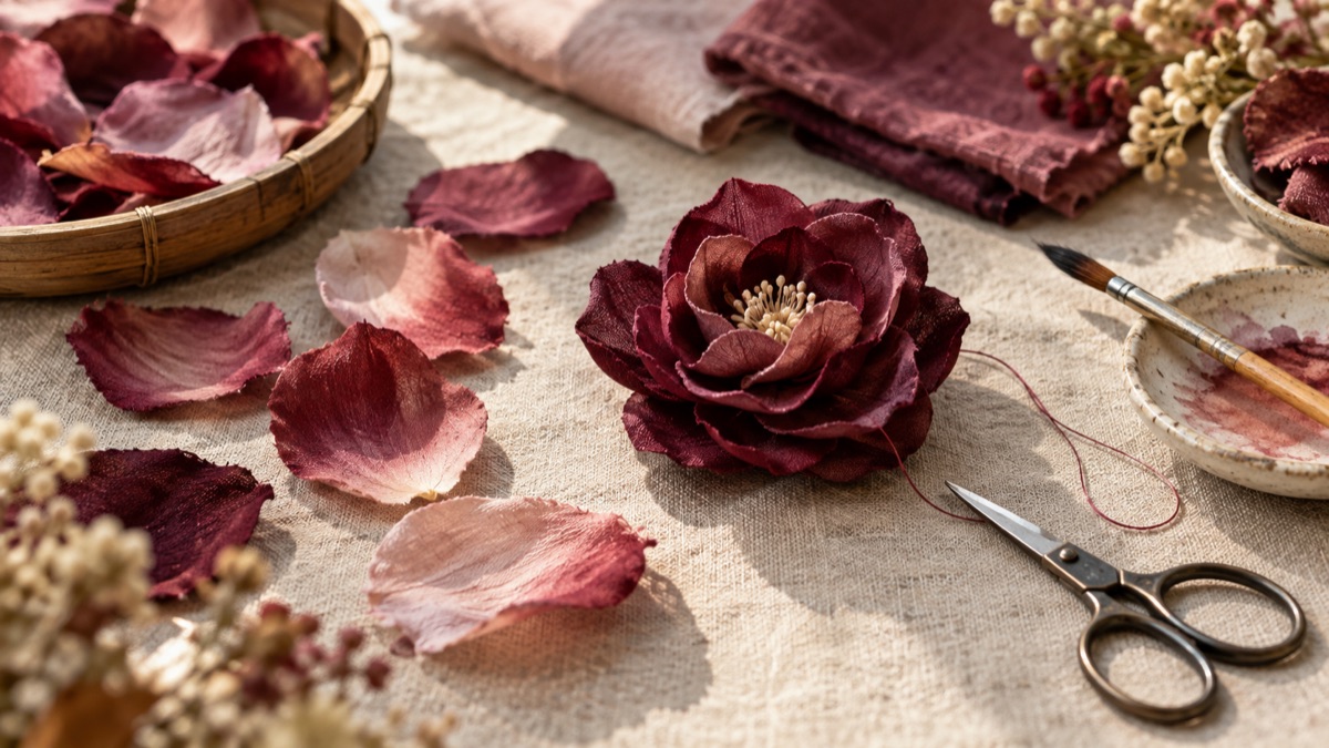 Illustrative fabric petals and flower-making tools on a linen worktable