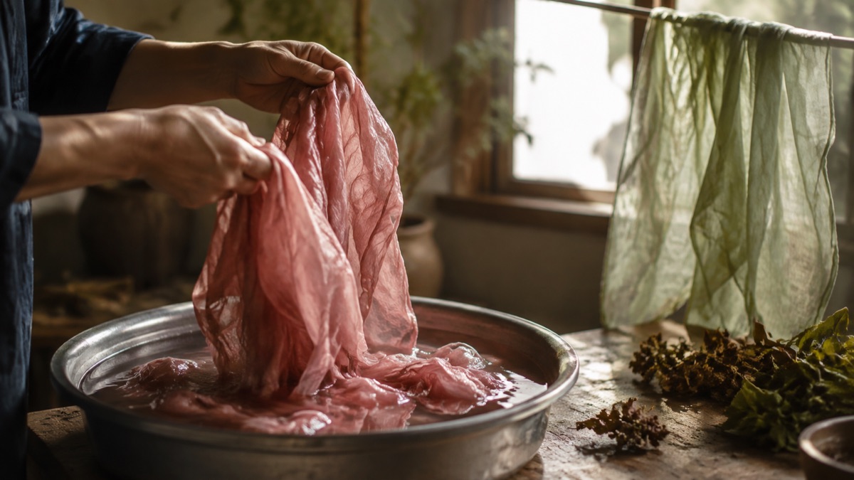 Hands lifting dyed silk from a basin; illustrative botanical dyeing scene