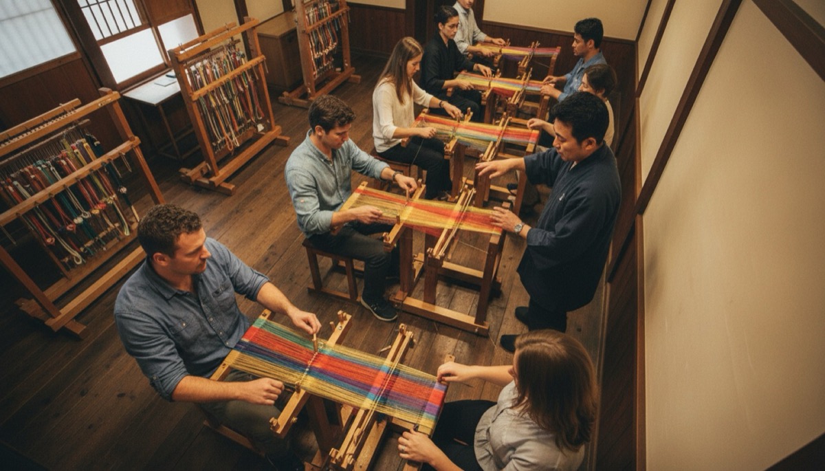 Traditional kumihimo braiding tools and silk cords arranged for a hands-on workshop in Tokyo