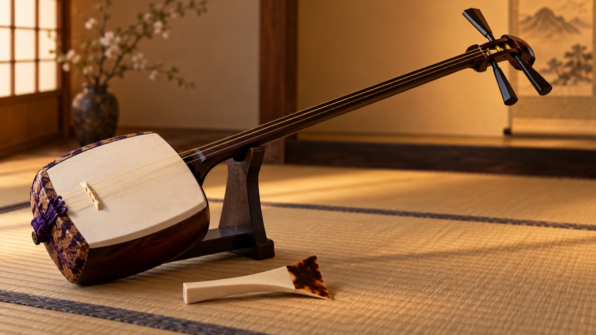 Illustrative shamisen and plectrum against a simple tatami background