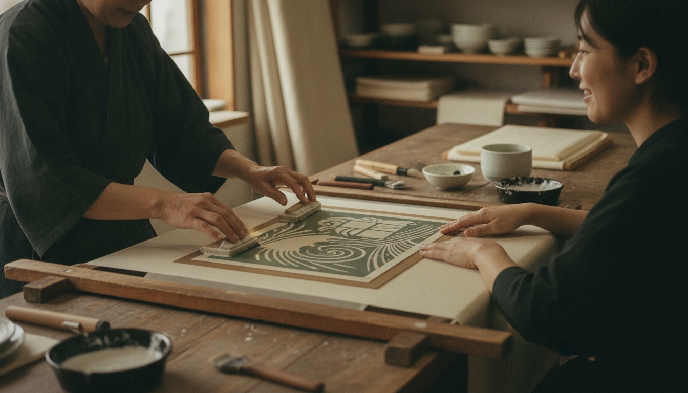 Hands applying color through a stencil-dyeing process at a Tokyo kataezome workshop