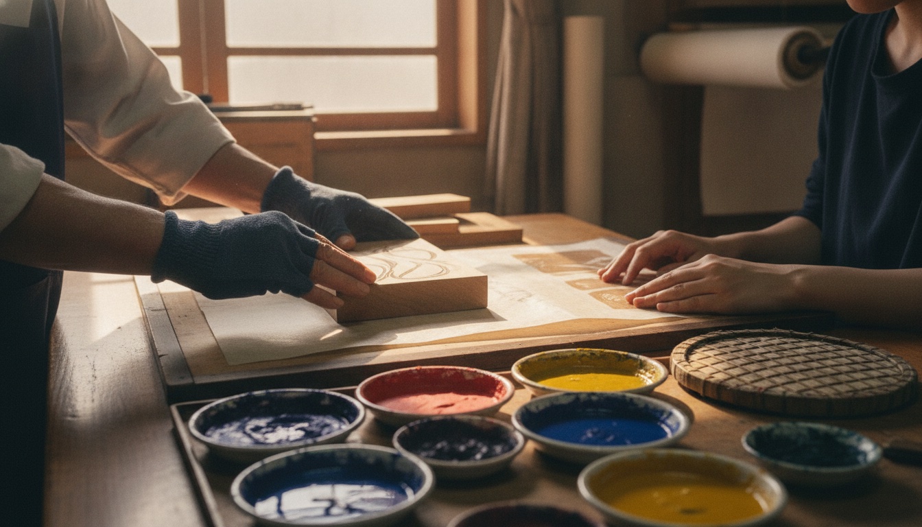 Woodblocks, pigments, and printing tools arranged for a traditional Tokyo woodblock workshop