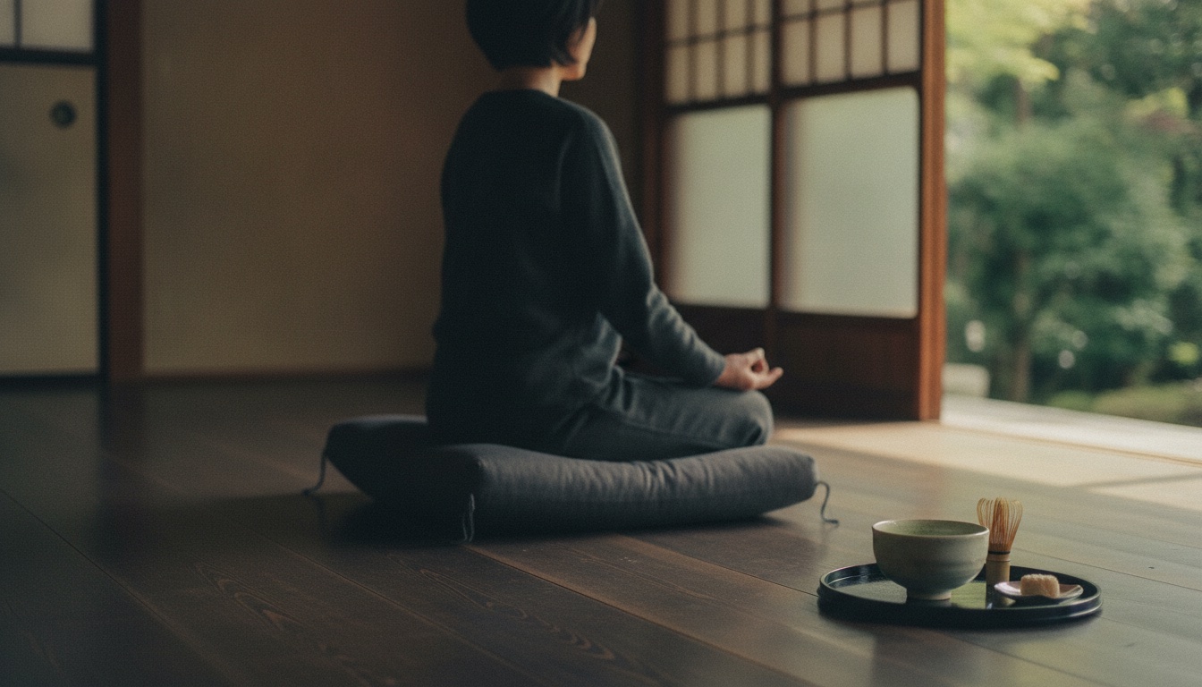 Quiet Zen temple interior in Asakusa prepared for a private meditation session