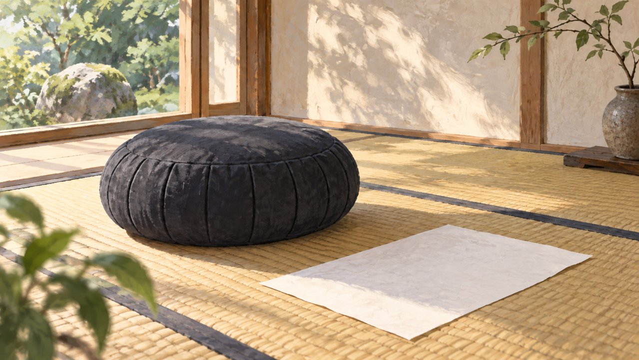 Illustrative meditation cushion beside blank paper