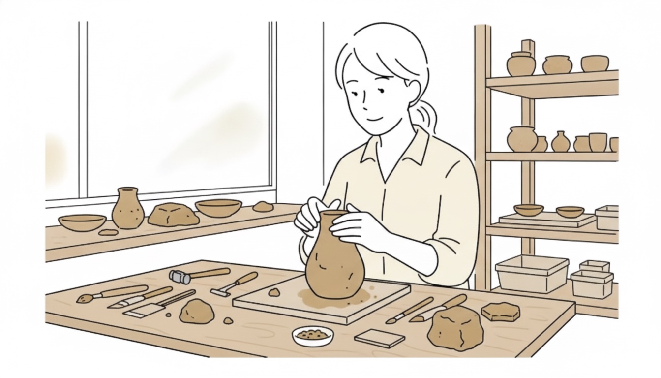 月島で土器づくりに集中する体験のイメージ