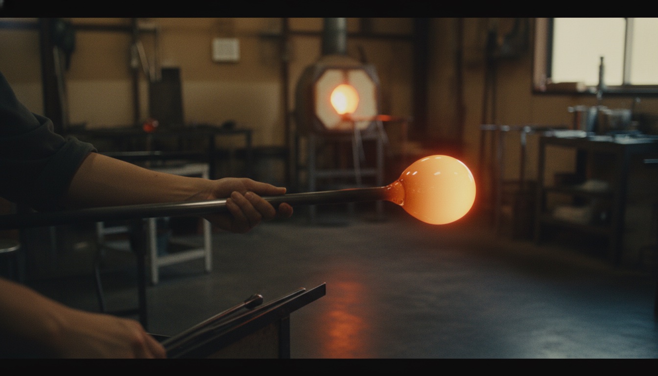 A learner gripping a steel blowpipe with glowing molten glass at a Yokohama studio