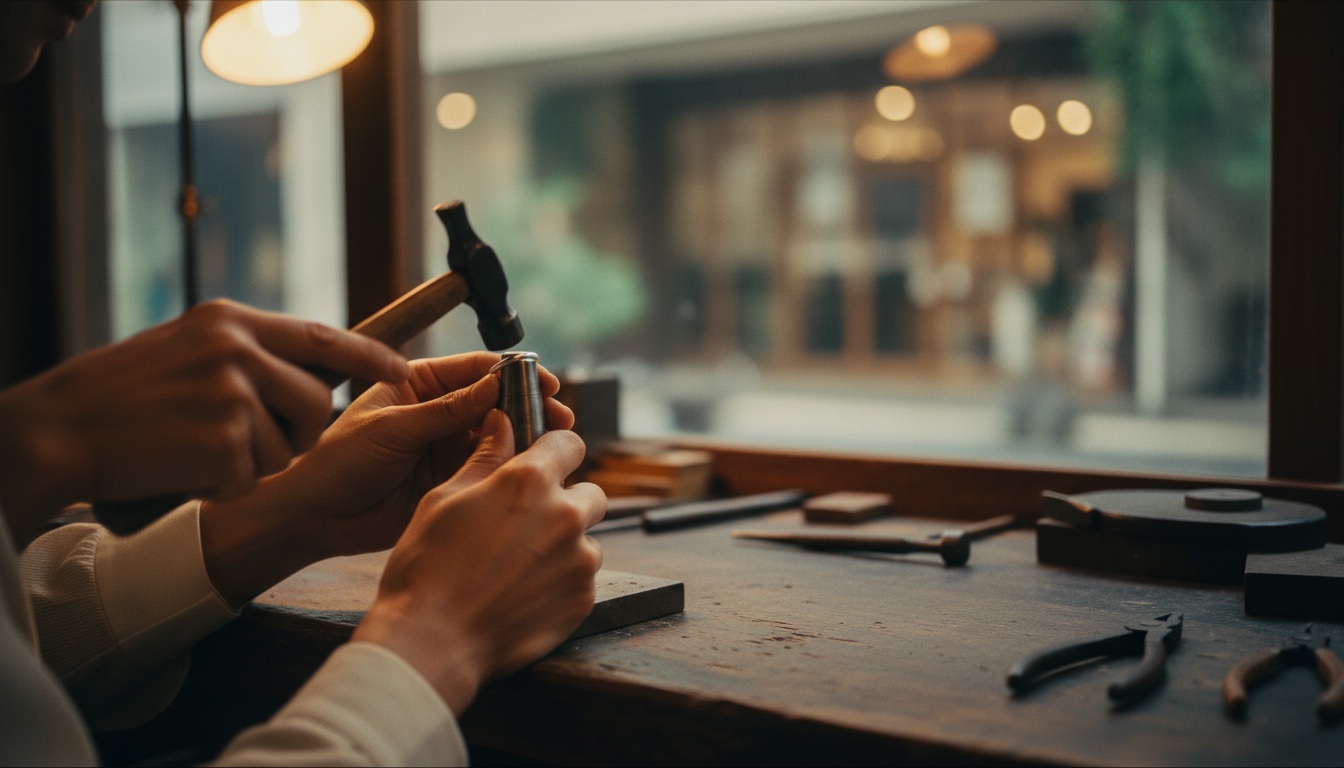 Hands hammering a silver ring at the impera accessory workshop in Yokohama