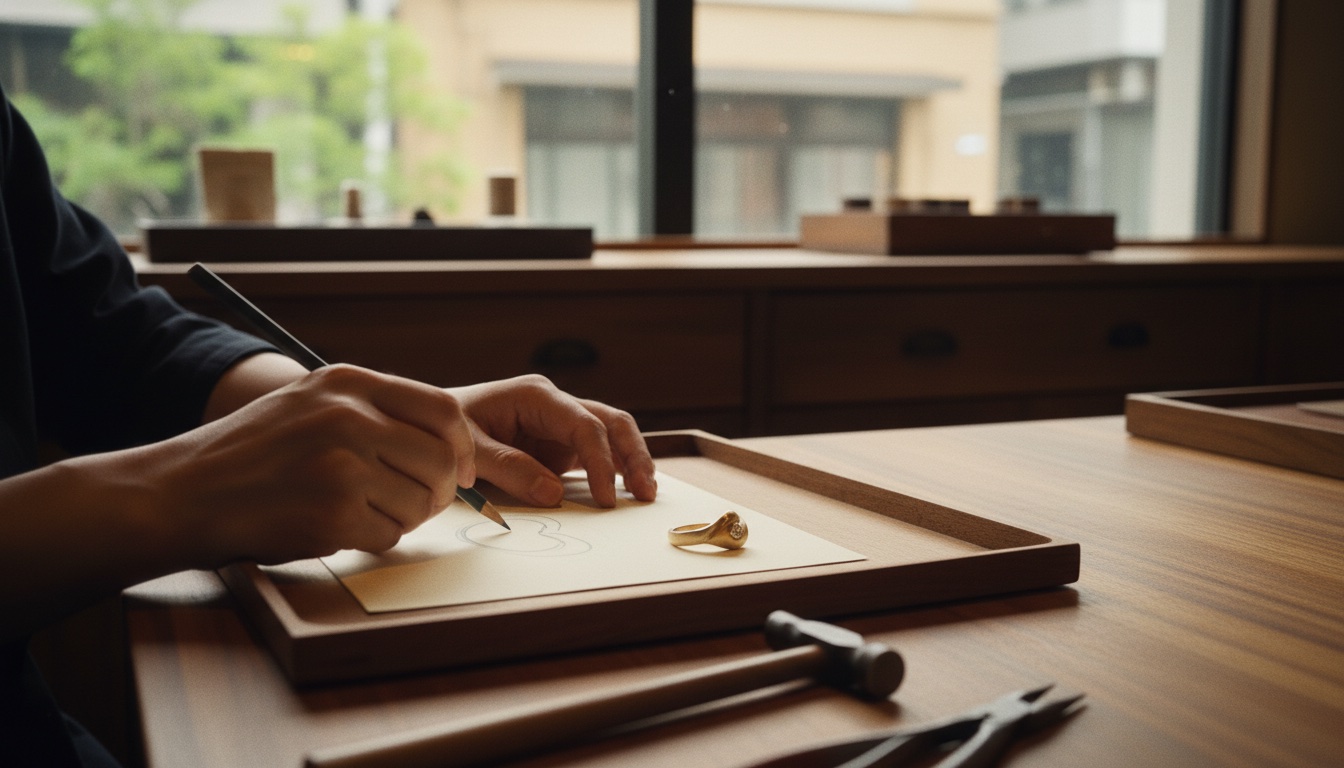 A wooden workbench with metal ring tools at the Akaneces Yokohama atelier