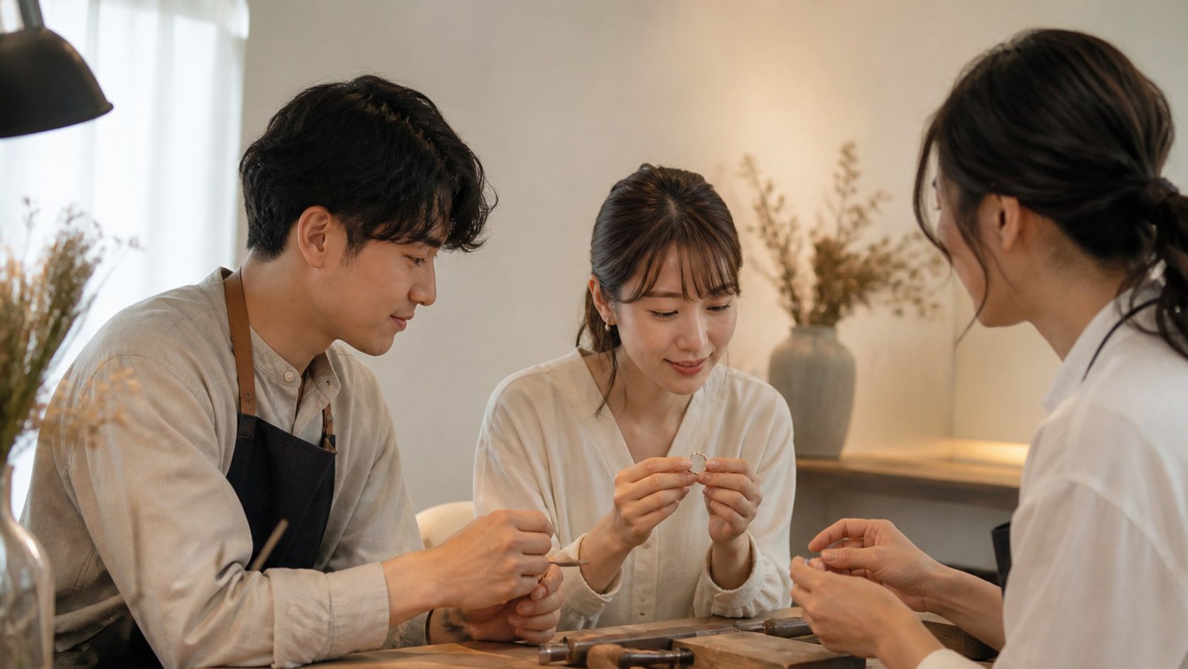 ジュエリークラフトMAKI大阪工房でふたりで指輪づくりに向き合う体験イメージ