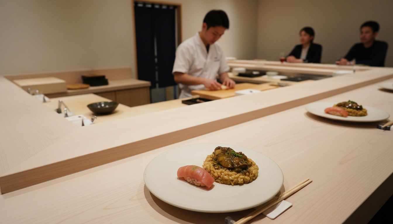 並木橋 鮨 一のカウンターと熟成赤酢の握りのイメージ